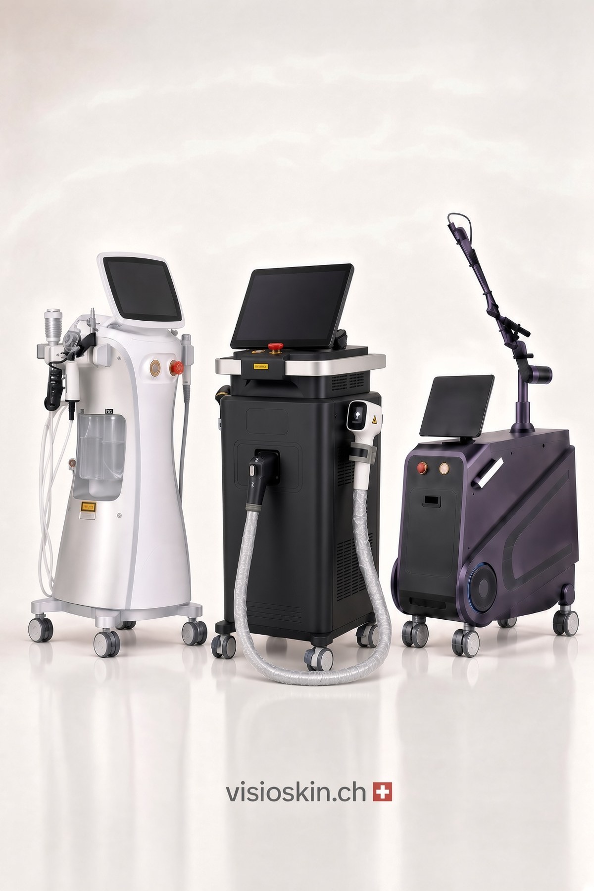 Diodenlaser, Pico-Laser und AquaFacial 7in1 — die drei Geräte von Visioskin nebeneinander