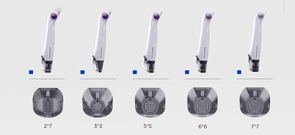 Nadelköpfe des VisioSkin RF Microneedling Systems mit 9, 14, 25, 36 und 49 Pins